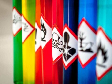 Hazard labels on coloured pipes