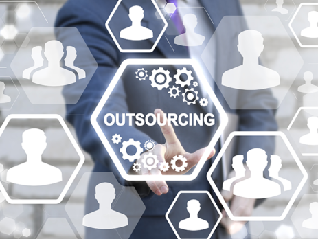 Vector illustration of the word 'outsourcing' with a man touching the word on an interactive screen