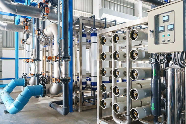 A reverse osmosis (RO) water system in a factory