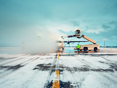 Deicing a commercial plane on a runway