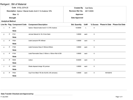 Example of a bill of materials (BOM) from ReAgent Chemicals