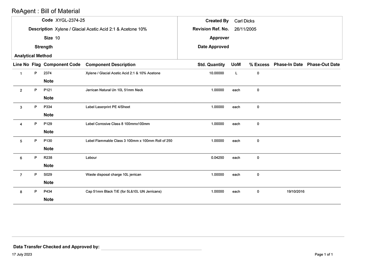 Example of a bill of materials (BOM) from ReAgent Chemicals