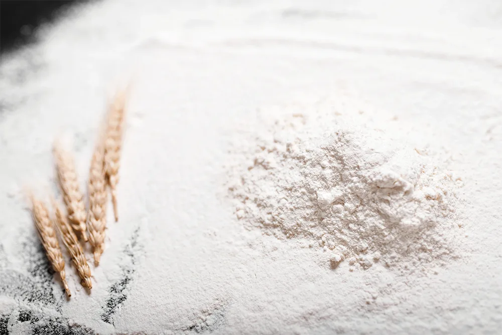 Kitchen worktop covered in white flour with strand of corn