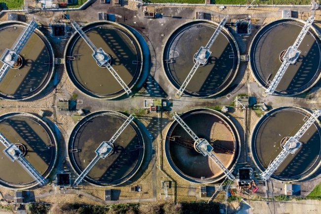 An aerial view of a water treatment facility.