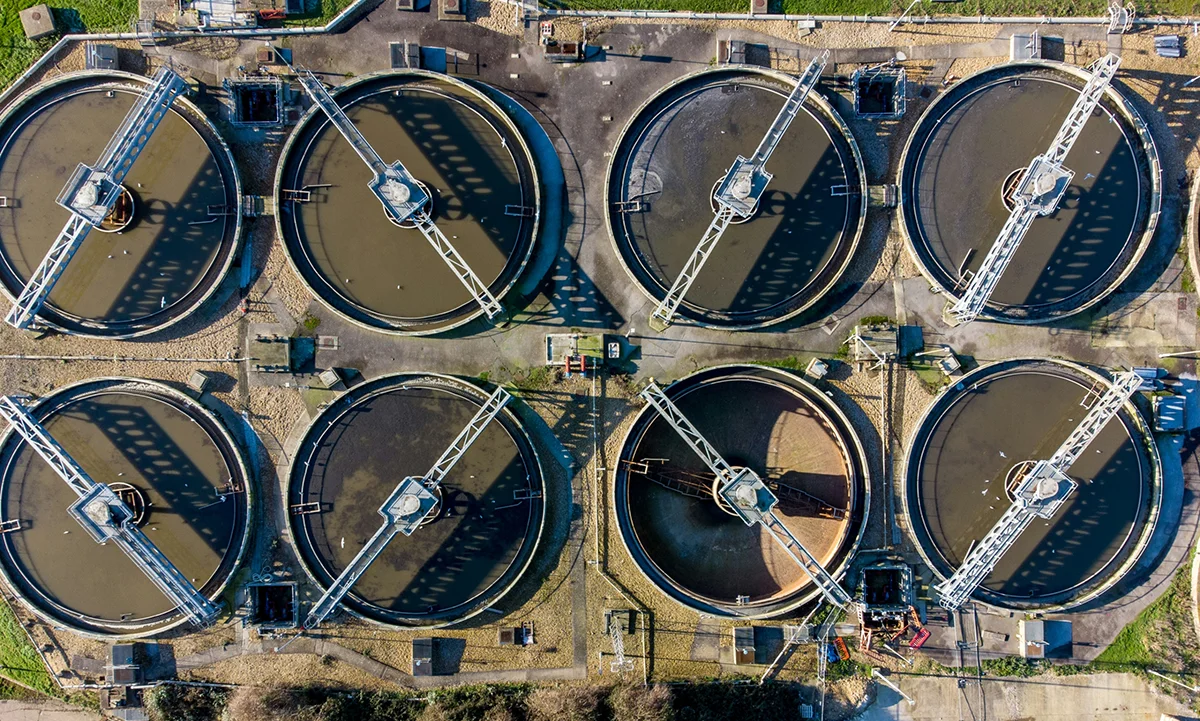 An aerial view of a water treatment facility.