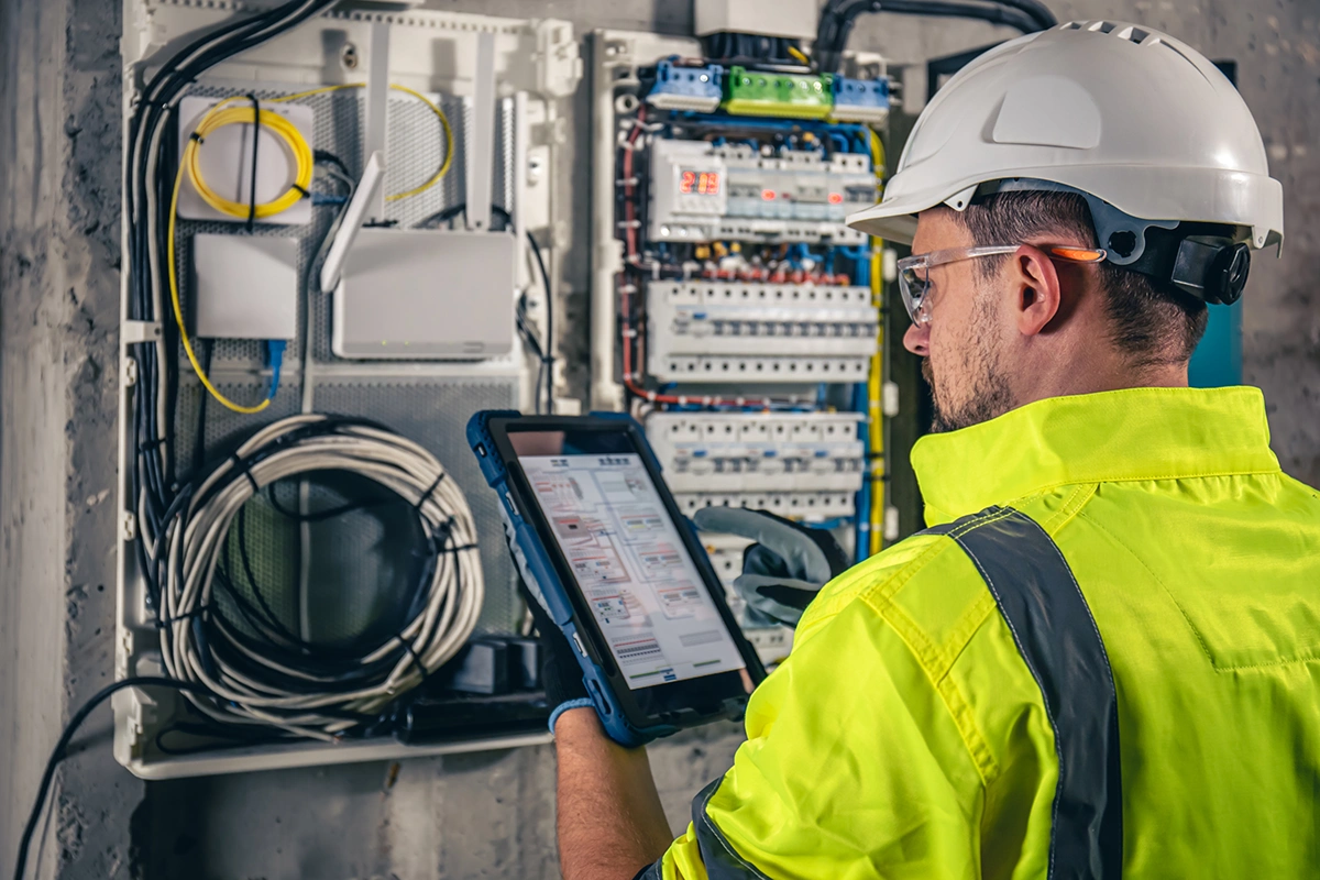 Inspecctor examining electronics to help understand what is an EICR?