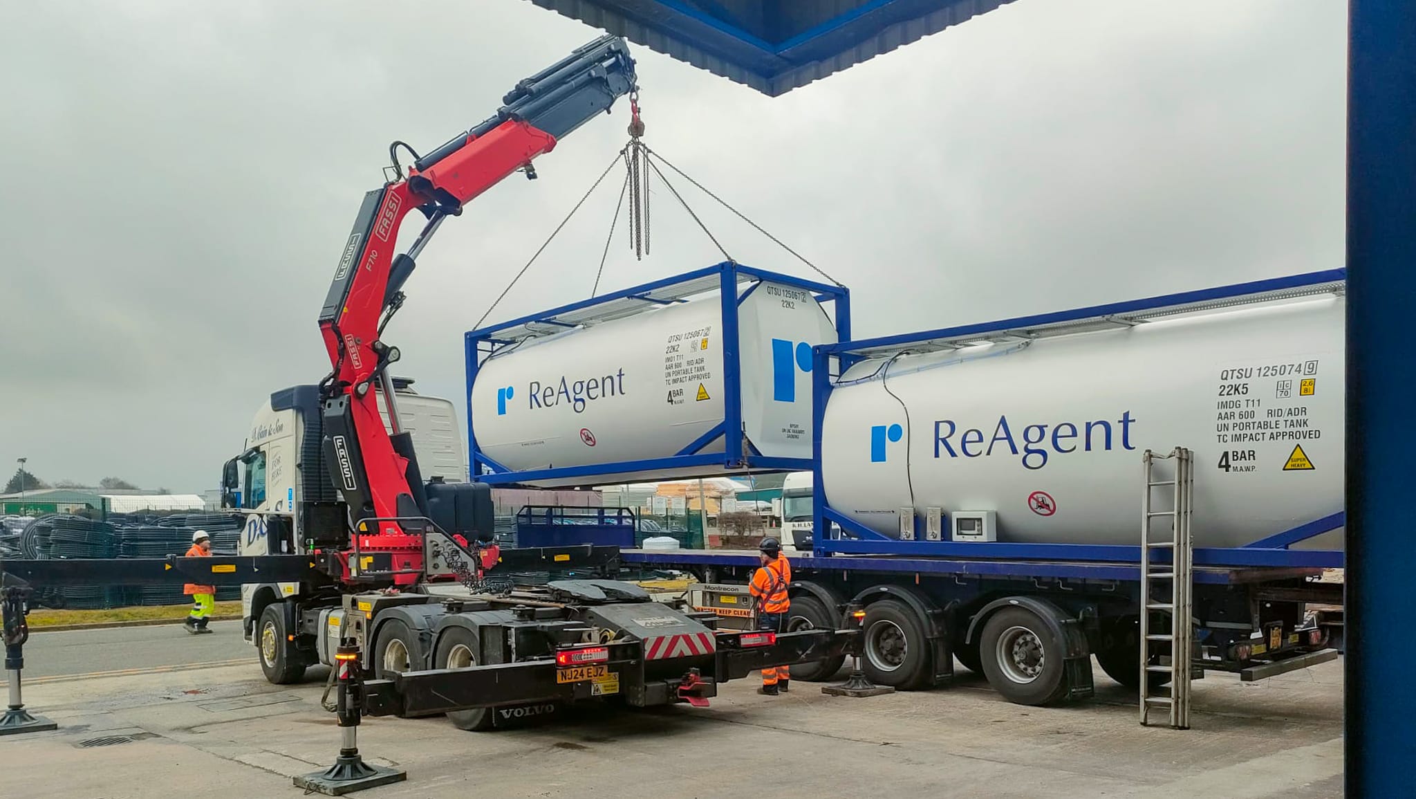 ReAgent's ISO tank installation being moved with a crane