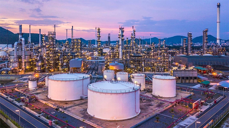 Aerial view of oil refinery plant from industry zone