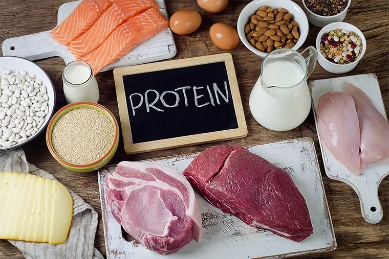 Foods containing high levels of protein, including chicken, red meat, salmon, and legumes