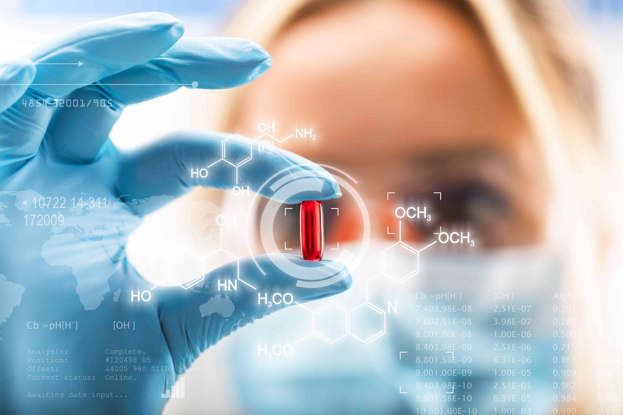 Scientist holding red pill with chemical formula graphics surrounding it