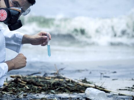 A toxicologist analysing samples on a beach||A forensic scientist analysing material for evidence
