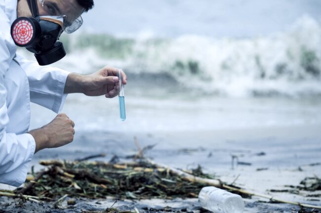 A toxicologist analysing samples on a beach||A forensic scientist analysing material for evidence