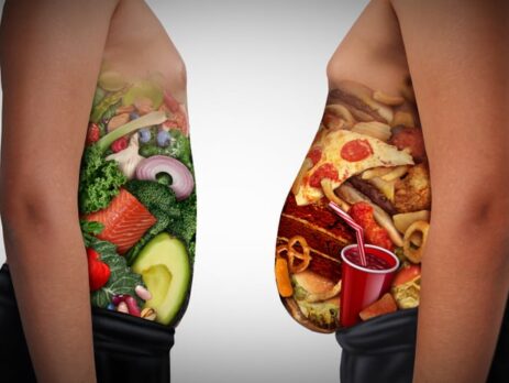 Graphic showing a slim person with healthy food in his stomach and a fat person with unhealthy food in their stomach