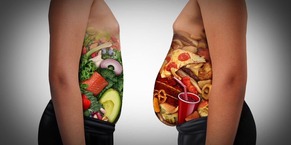 Graphic showing a slim person with healthy food in his stomach and a fat person with unhealthy food in their stomach