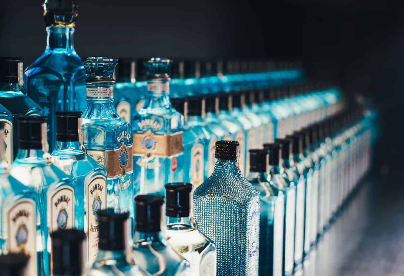 A row of Bombay Sapphire bottles