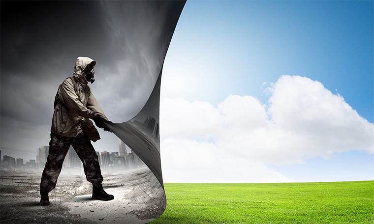 Illustration of a person wearing a gas mask changing reality into clear and healthy future.