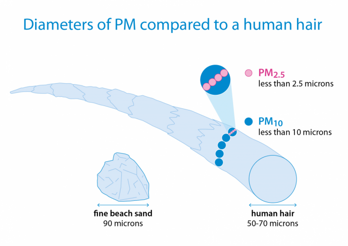 Diameters of PM compared to human hair