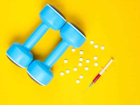 A set of dumbbells alongside a steroid injection and white tablets||Chemical Structure of Steroids||Chemical Formula of Testosterone||How Are Corticosteroids Used?||How Do Steroids Word?||What Are Steroids?