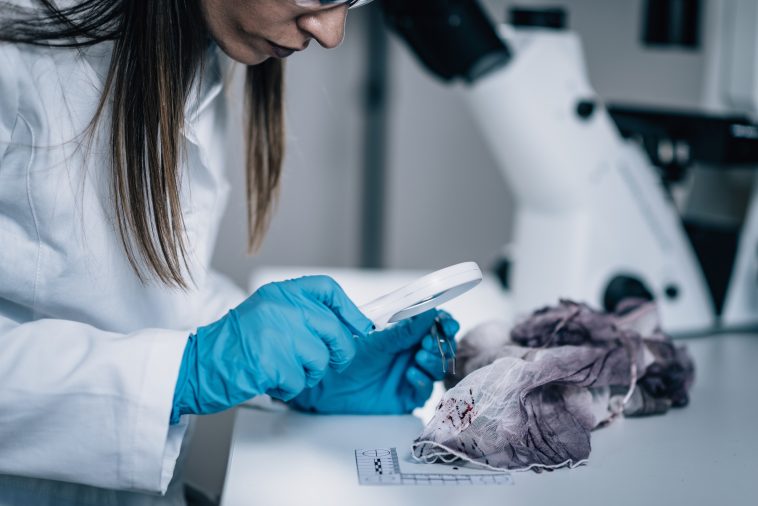 A forensic scientist analysing material for evidence