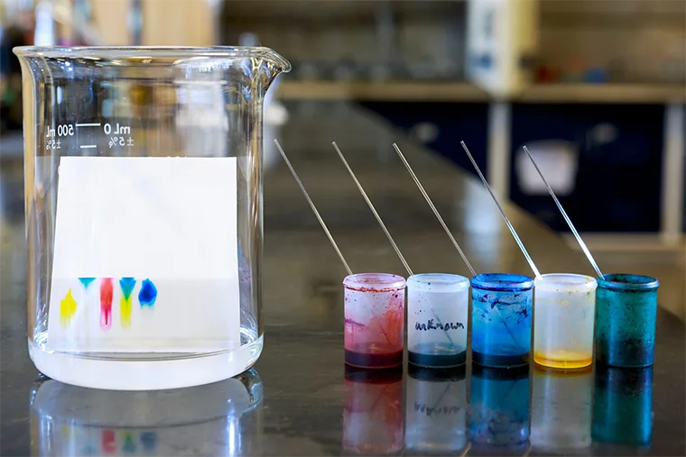 Chemistry of thin layer chromatography with plate, solvent and samples.
