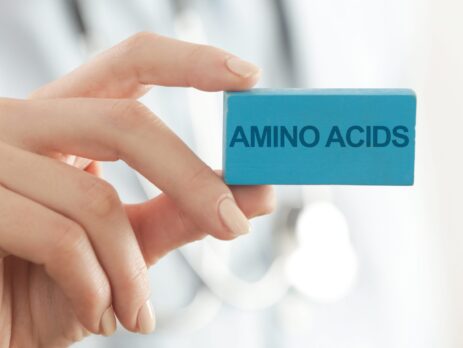 Person holding a blue rectangle with the words 'amino acids' printed on it||Diagram of protein structure||Diagram of amino acid structure||Protein-Structure||Amino-Acid-Structure||Supplements spilling from a bottle on a table with two spoons of protein powder in the foreground||Educational chart with all the common amino acids represented with color coded side chains