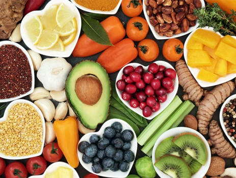 Various fruits and veg in heart shaped bowls on table||Infographic of food pyramid||Food Pyramid||Infographic showing which areas of the body need which vitamins and minerals and where to find them||Infographic of food pyramid